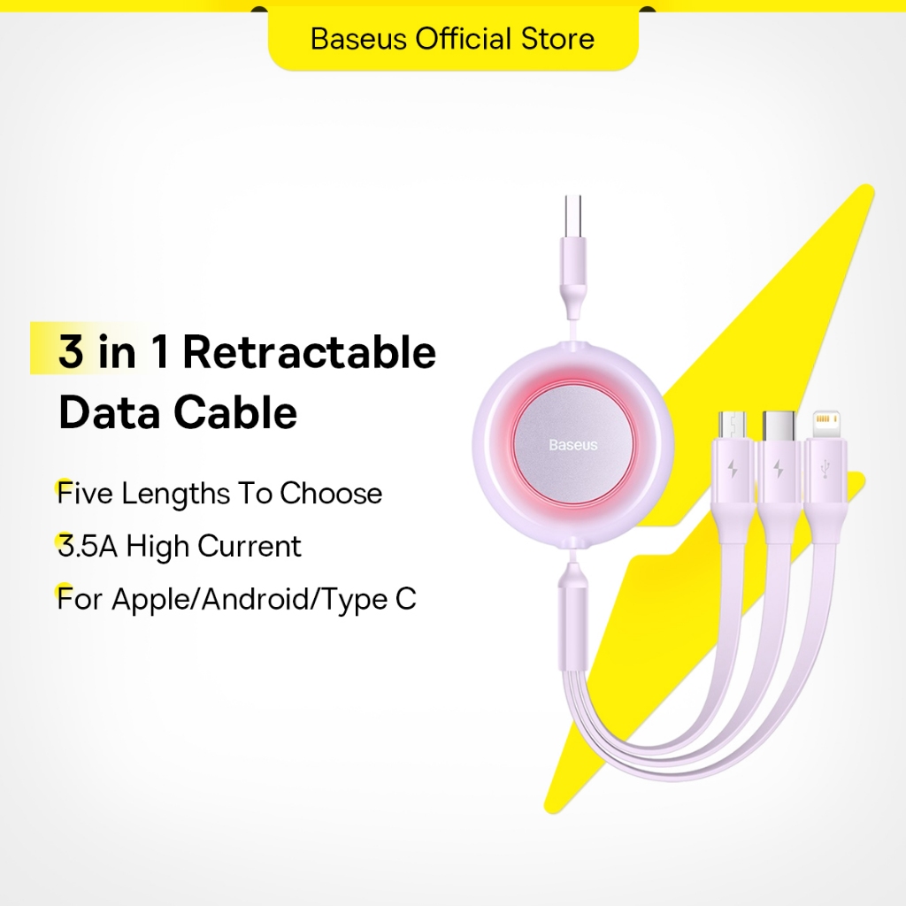 Baseus 3in1 3.5A Retractable Fast Charging Cable With Micro +Type C+ Lighting Support Data Transmission