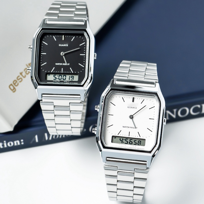 ( 2 YEARS WARRANTY ) Vintage AQ-230 Gold/Black/Silver Line 30 Meter Dual Time Quartz Watch