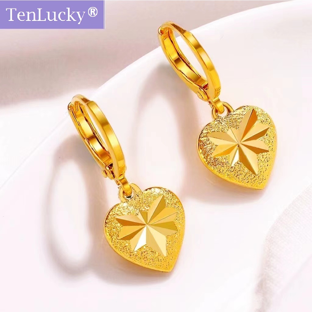 TenLucky Eco-friendly Allergy Free High-end Elegant 916 Gold Plated Color Love Heart Hoop Drop Earrings with Jewelry Box for Women Gifts for Valentine's Day Wedding Girlfriend