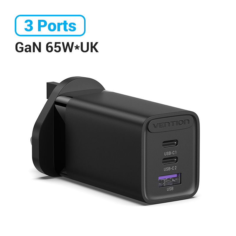 Vention 65W GaN Charger UK Plug 3 Ports QC4.0 3.0 PD 3.0 Fast Charger Type C Charging Station Power Adapter compatible for Iphone Ipad Tablet OPPO VIVO Laptop