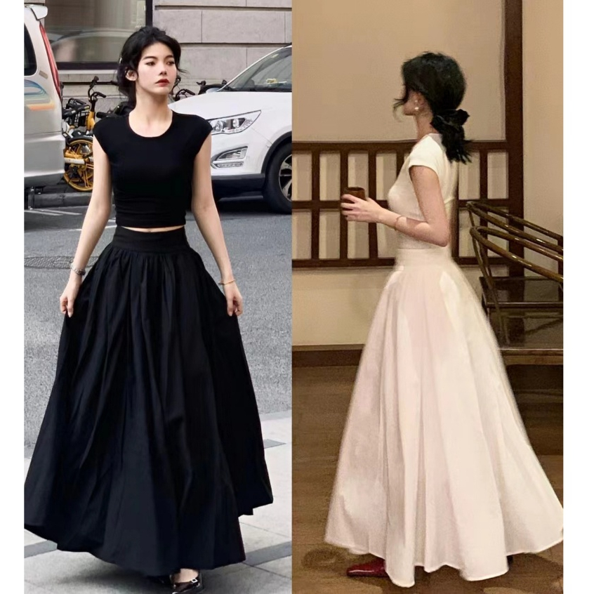 Hepburn Style long pleated skirt Large Hem with pocket white high waist a line plain skirt black maxi skirt labuh woman hitam korean style cotton skirt putih women 長裙 半身裙