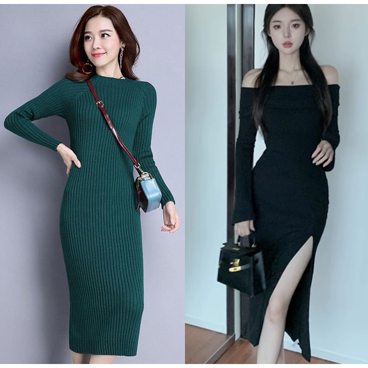 Long dress thickening knitted dress Slim wrap buttock sweater dress(ready stocked ship at the same day)