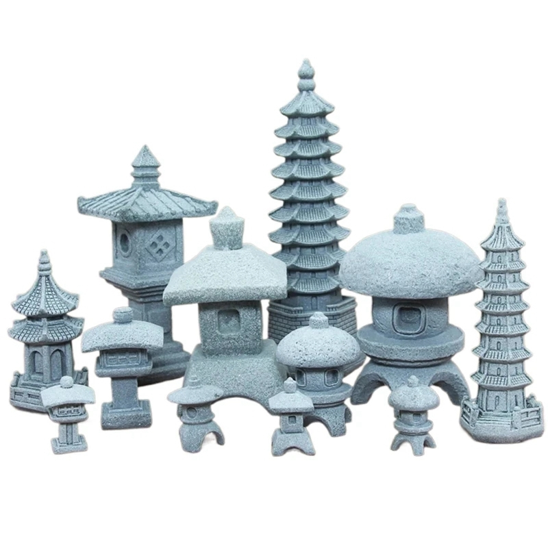 Vintage Zen Miniature Sand Stone Tower Pavilion Ornaments Lantern Figurines Japanese Garden Bonsai Rockery Lanscaping Home Decor