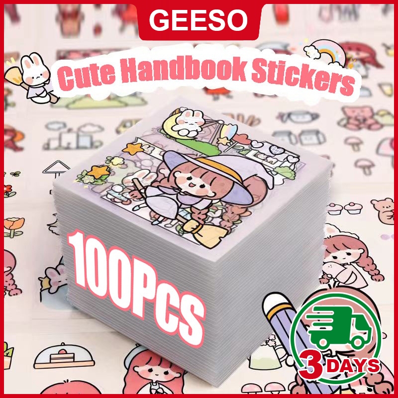 GEESO 100Pcs Cute Cartoon Sticker PET Transparent Kawaii Stationery Stickers Handbook DIY Creative Pattern Stickers Decoration Supplies 可爱卡通贴纸 防水手账贴纸