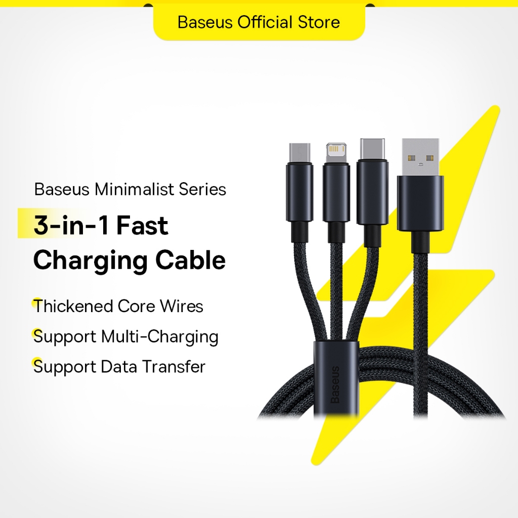 Baseus 3 in 1 Fast Charging Cable USB to M+C+L 3.5A Durable 1.2m Length Compatible For Samsung iPhone Huawei