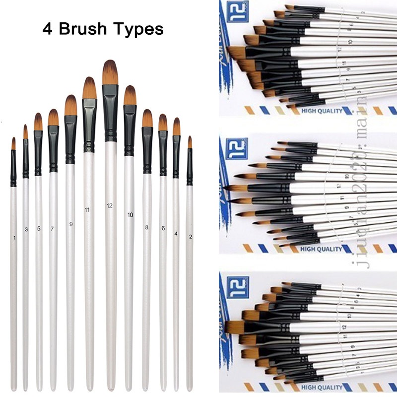 12 Pcs Painting Brushes Round Flat Brush Nylon Artist Brush for Watercolor Acrylic Gouache Oil Painting Studio Supplies