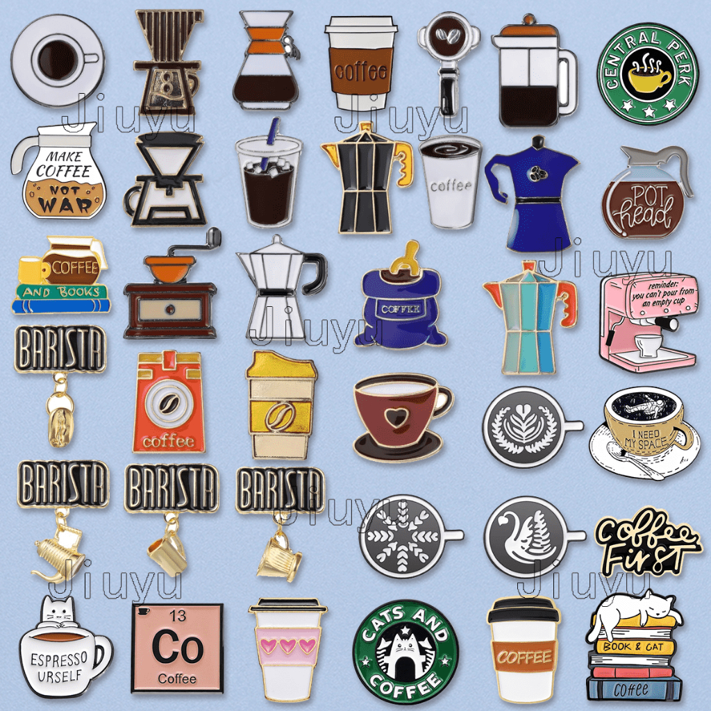 100 Styles Coffee Maker Enamel Brooch Coffee Bean Grinder Coffee Kettle Cup Bag Barista Badge Punk Lapel Coffee Collection Pin Jewelry Gifts