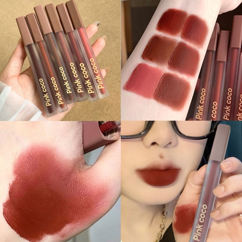 Pink coco lipstick light matte lip glaze nude color whitening lip mud velvet non-dry lipstick 显白唇釉