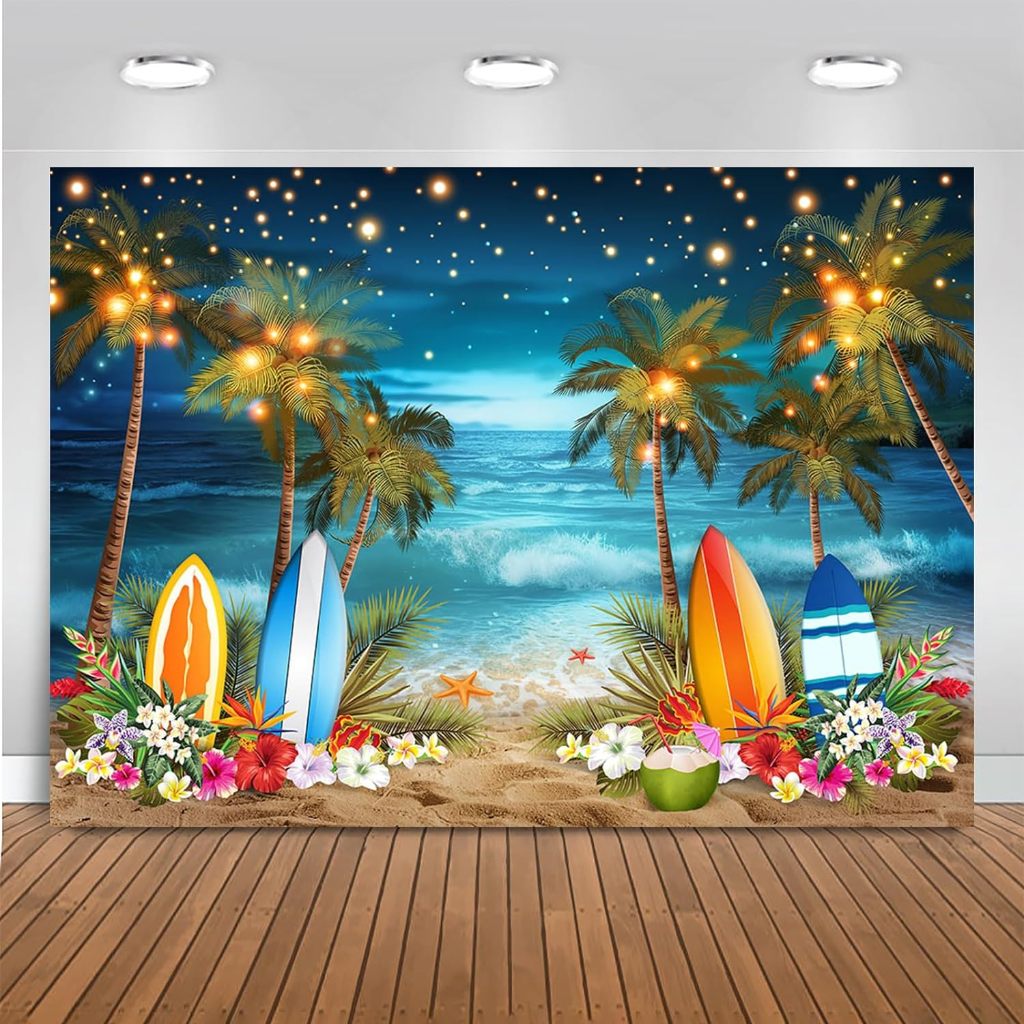 Hello Summer Beach Party banner Backdrop Tropical Seaside Island Party Photography Background Blue Sea Sky Hawaii Night Luau Themed Decorations Photo Booth Props