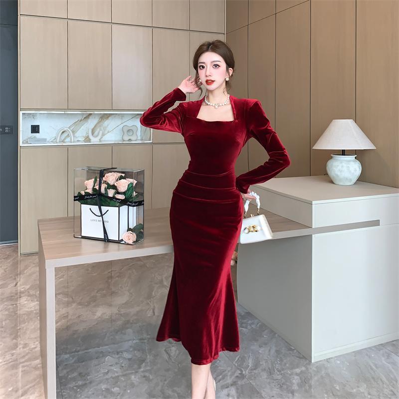 Velvet Dress Long-Sleeved Spring Autumn New Style Celebrity Cover Belly Age-Reducing Na