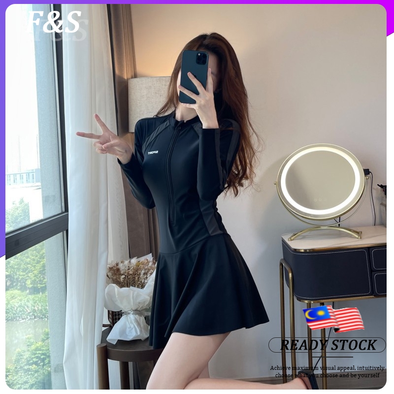 F&S Ready stocks swimming suit for women 泳衣女 baju renang muslimah swimming suit woman plus size Swimming wear long sleeve baju mandi swimming beachwear baju renang perempuan泳衣 女 遮肚 顯瘦 大碼 baju swimming