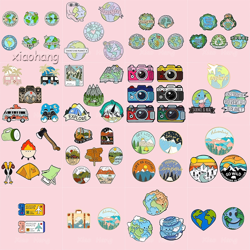 2-7pcs/set Eco-friendly Green Earth Enamel Pins Brooches Environmental Protection Brooch Outdoor Hiking Adventure Mountain Pin Badges Jewelry Gift