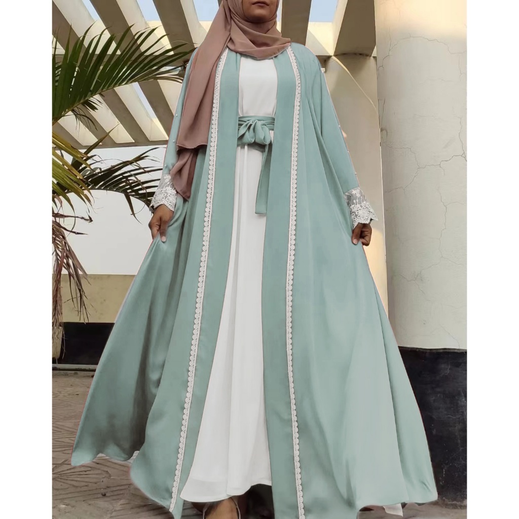 1405# Beautiful premium nida open abaya with white lace and pockets in spring colors for islamic muslim ladies