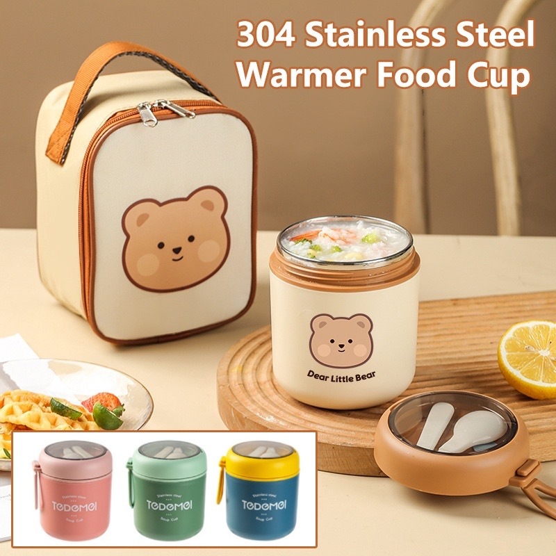 🍍24hMY🍍DEAR BEAR Thermos Flask Thermal Soup Cup Stainless Steel Food Container Porridge Warmer Portable Lunch Box Cooler Bag