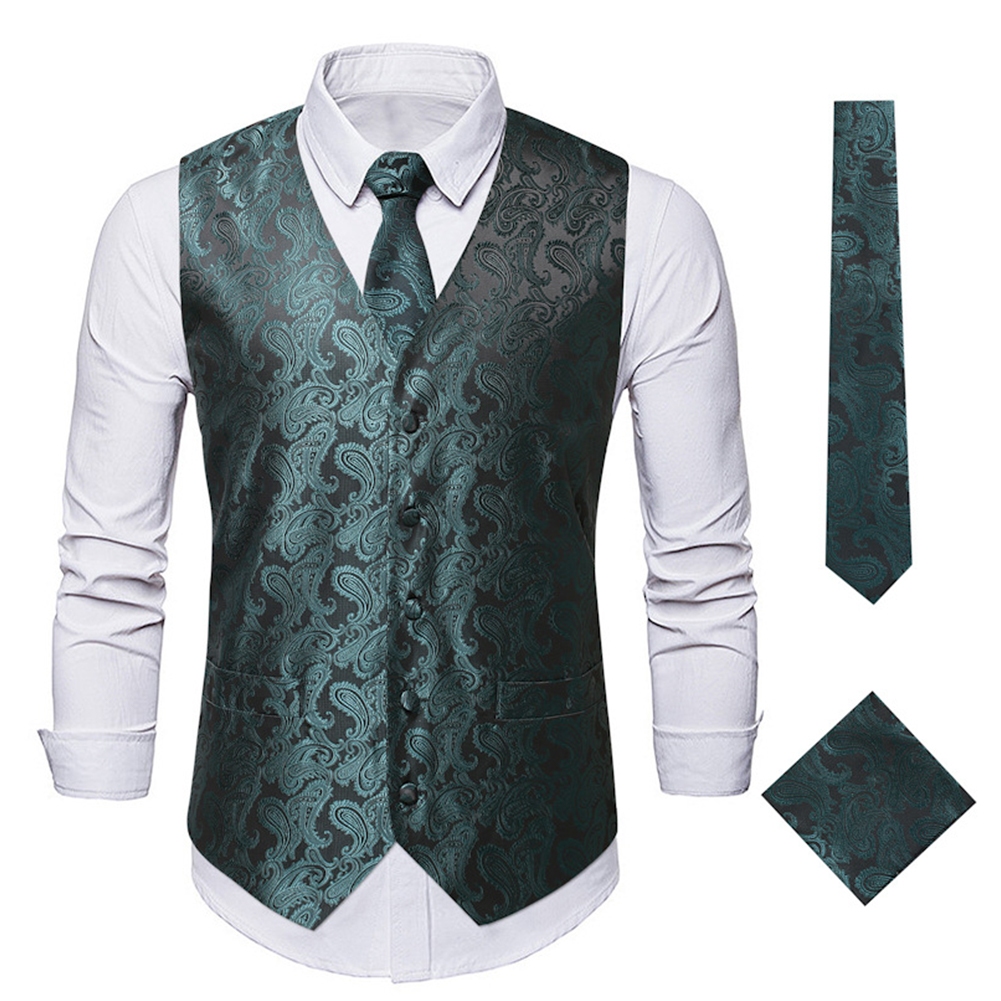 Men Casual Waistcoat Gold Paisley Formal Vest Royal Purple Wedding Suit 3Pcs/set【with Square Scarf+Tie】