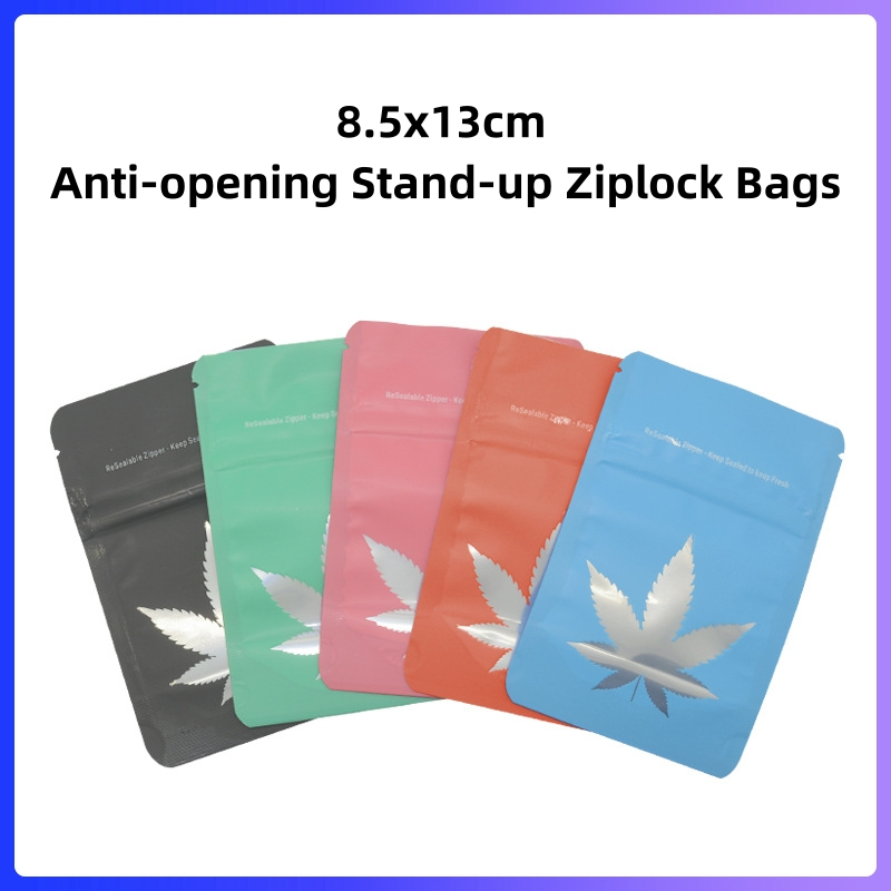 100pcs Candy CBD Bags 8.5x13cm Cute Print Mylar Bag Ziplock Sealing Gift Bag with Windows Plastic Bags Herb Grinder Set