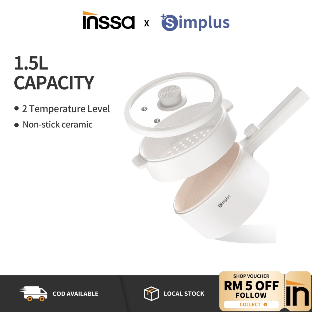 INSSA Mini Electric Multi Function Cooker 1.5L 600W Non Stick Ceramic Coating Steam Above Boil Below Healthy and Safe