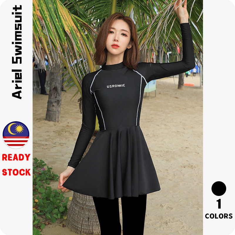 『Ariel』Ready stock swimming suit for women 泳衣女 swim suit Black 3 pieces set Skirt style sun protection Long sleeves Trousers Yoga Slimming 泳衣 女 遮肚 顯瘦 大碼 Sports Korean version Swimwear Swimming suit Sp