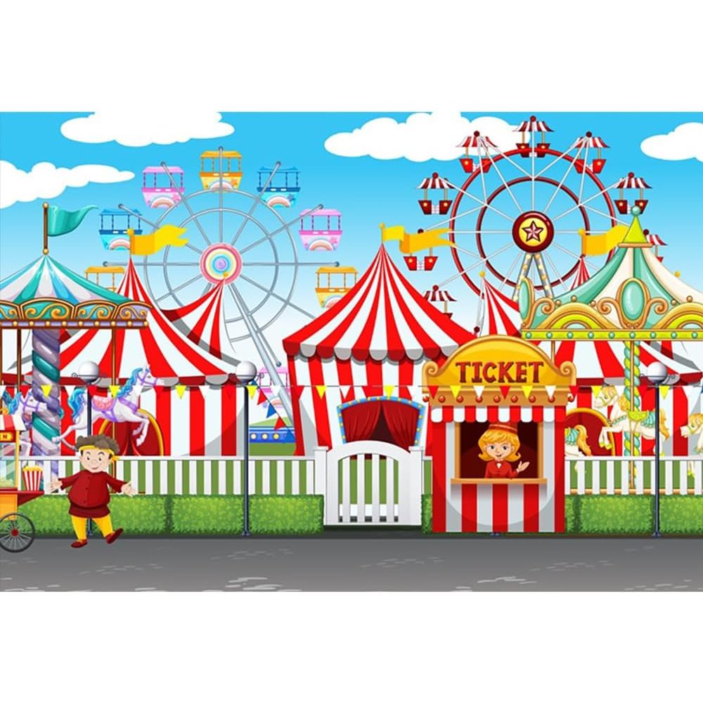 5x3ft Circus Ticket Photography Backdrop Circus Funfair Playground Tents Ticket Booth Carousel Ferris Wheel for Baby Kids Boys Birthday Party Banner Photo Background Studio Props