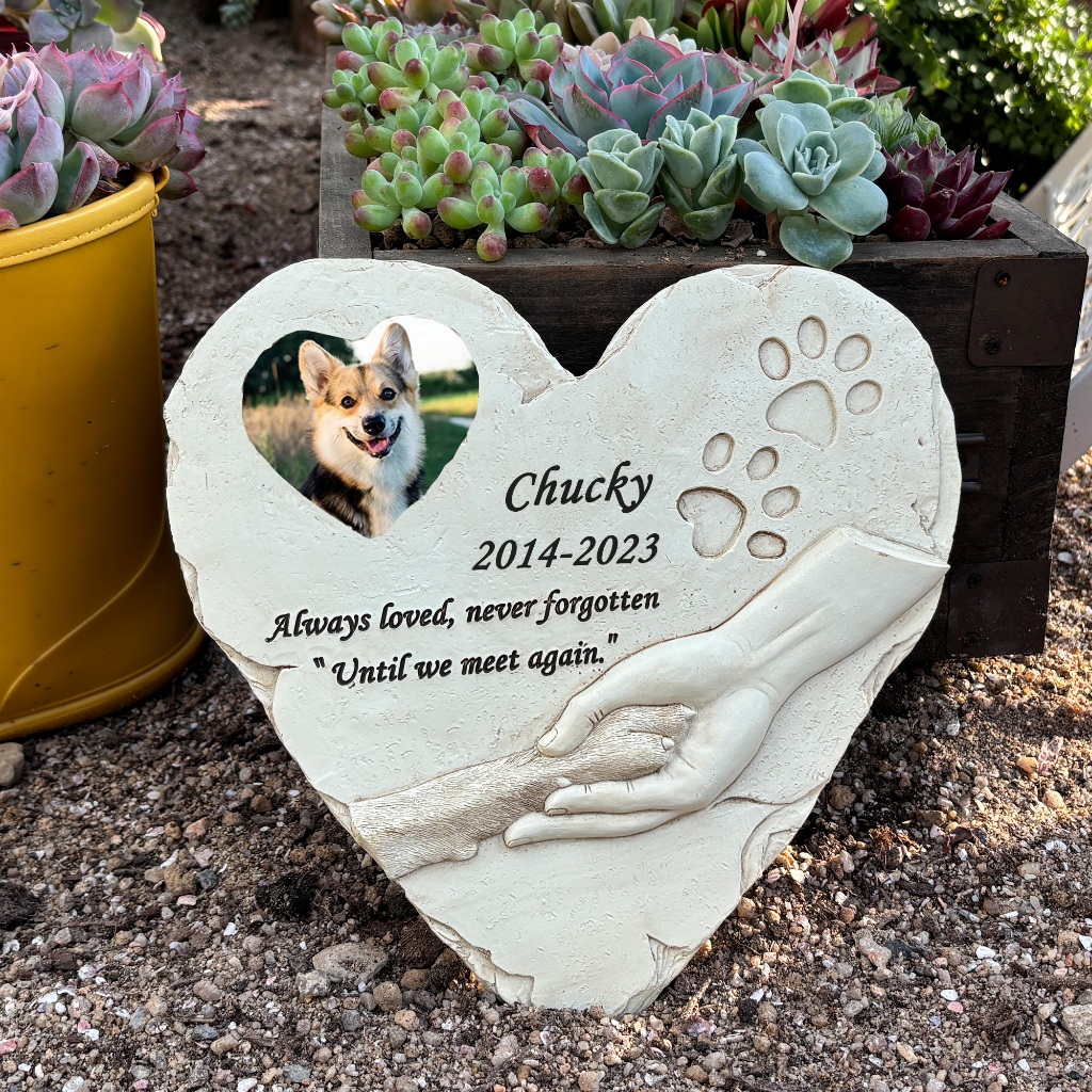Personalized Heart Shaped Pet Dog Memorial Stones with Photo Frame - Pet Dog Headstones Garden Stones,Sympathy Pet Memorial Grave Markers