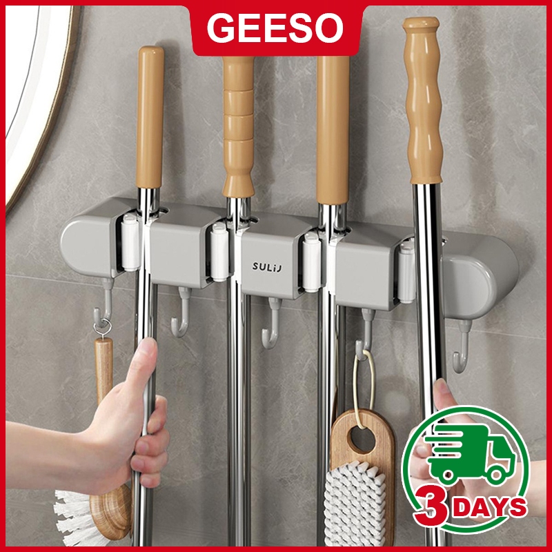 GEESO Broom Mop Holder with Hooks Wall Mounted Broom Storage Rack No Drilling Self-Adhesive Kitchens Organizer Multifunction 壁挂拖把架 免打孔 拖把夹 卫生间挂架