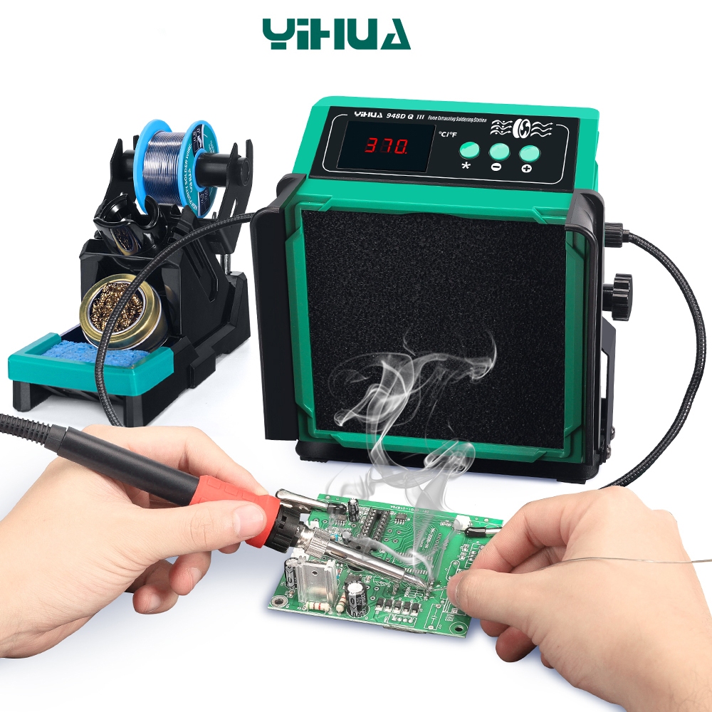 YIHUA 948DQ Serise 200W Soldering Fume Extractor Filter Smoke 110W Soldering Iron Station with 2 Helping Hands