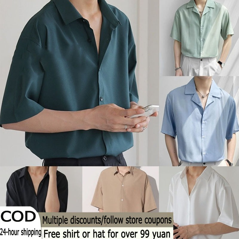 LOCAL STOCK COD Men Casual Short Shirt Baju Kemeja lelaki Men Casual Clothing Formal Shirt Korean style Fashion Summer Vintage men casual business shirt Buttons Loose Tops Kemeja Lengan Pendek Plain Simple Basic Pure Color Shirt