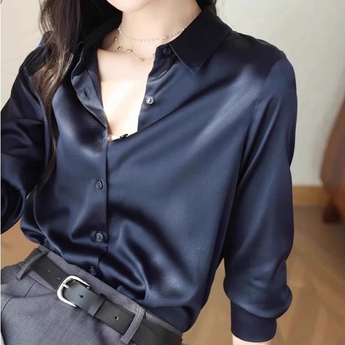 New French Satin Long-Sleeved Shirt Women's Design Formal Shirt Classy Top Loose Plus Size