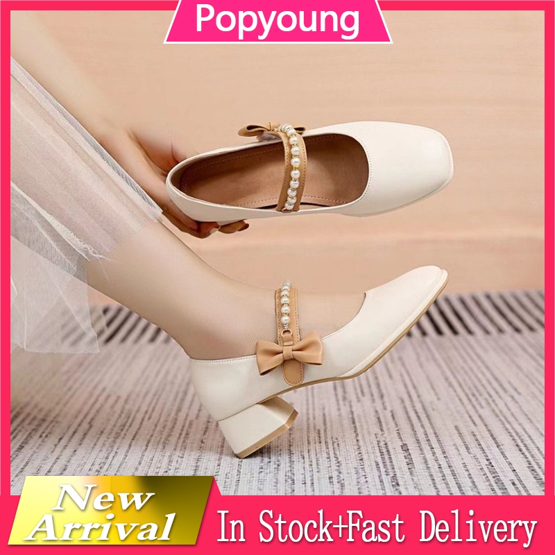 3-6 Days Delivery Local Ready Stock Fashion Single Shoes Beaded Bow Mary Jane Shoes Chunky Heels for Women