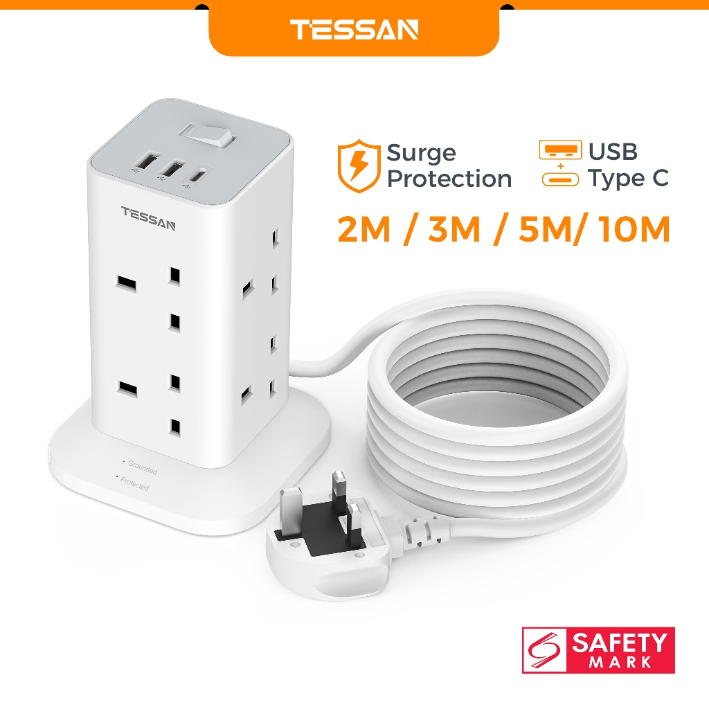 TESSAN Tower Extension Plug Tower Socket with USB+Type C, Surge Protector Power Extension Wire Sirim