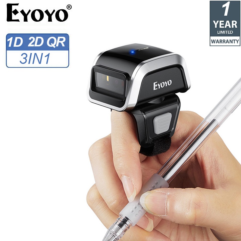 Eyoyo Mini Finger Wearable 2.4G Wireless 1D 2D Barcode Scanner 3IN1 Via Bluetooth QR Code Scan Use Fixed Head Handsfree Library Inventory Reader Compatible for Pad Phone