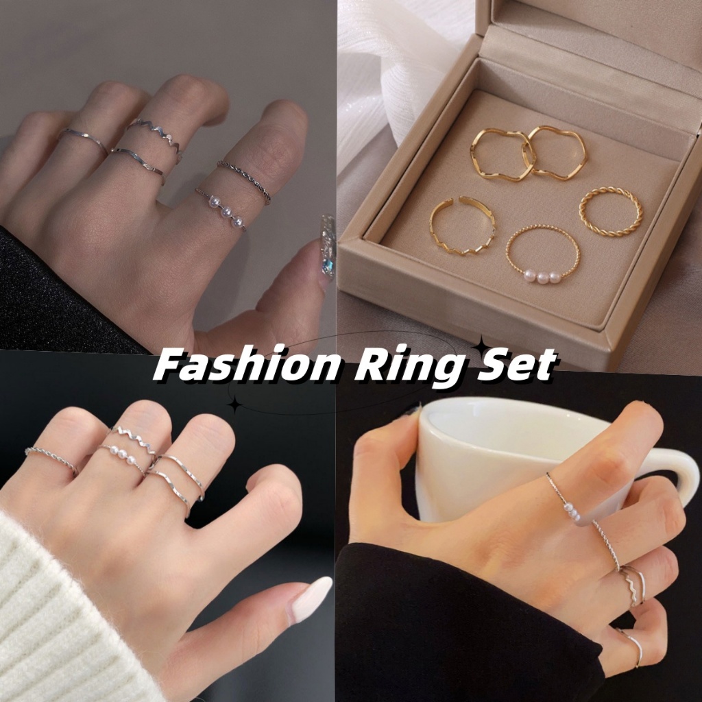 【Malaysia stock】5pcs/Set Metal Ring Set Simple Luxury Pearl Geometry Adjustable Finger Rings Women Jewelry Accessories Lucie1