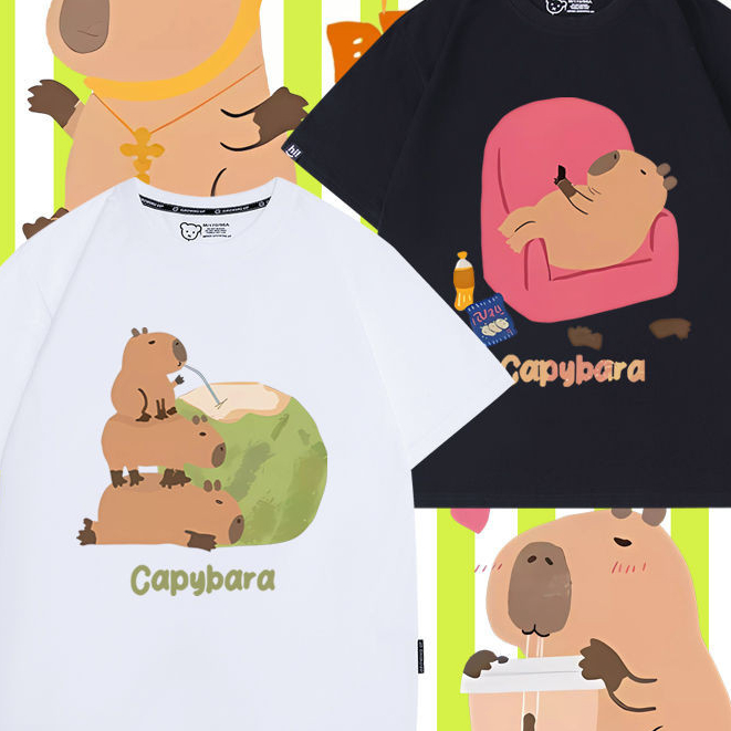 Cute Capybara Jun Capybara Coconut Pope Painting Cartoon Merchandise Pure Cotton Short-Sleeved T-Shirt Children Clothes Trendy