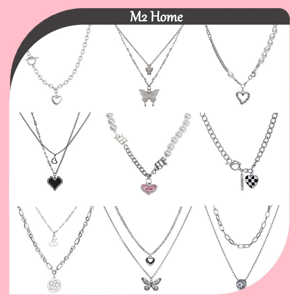 *READY STOCK AT MALAYSIA*Vintage Crystal Multilayer Necklace Checkerboard Mosaic Heart Butterfly Pendant Necklaces Women Jewelry Accessories Kalung Loket 吊坠项链