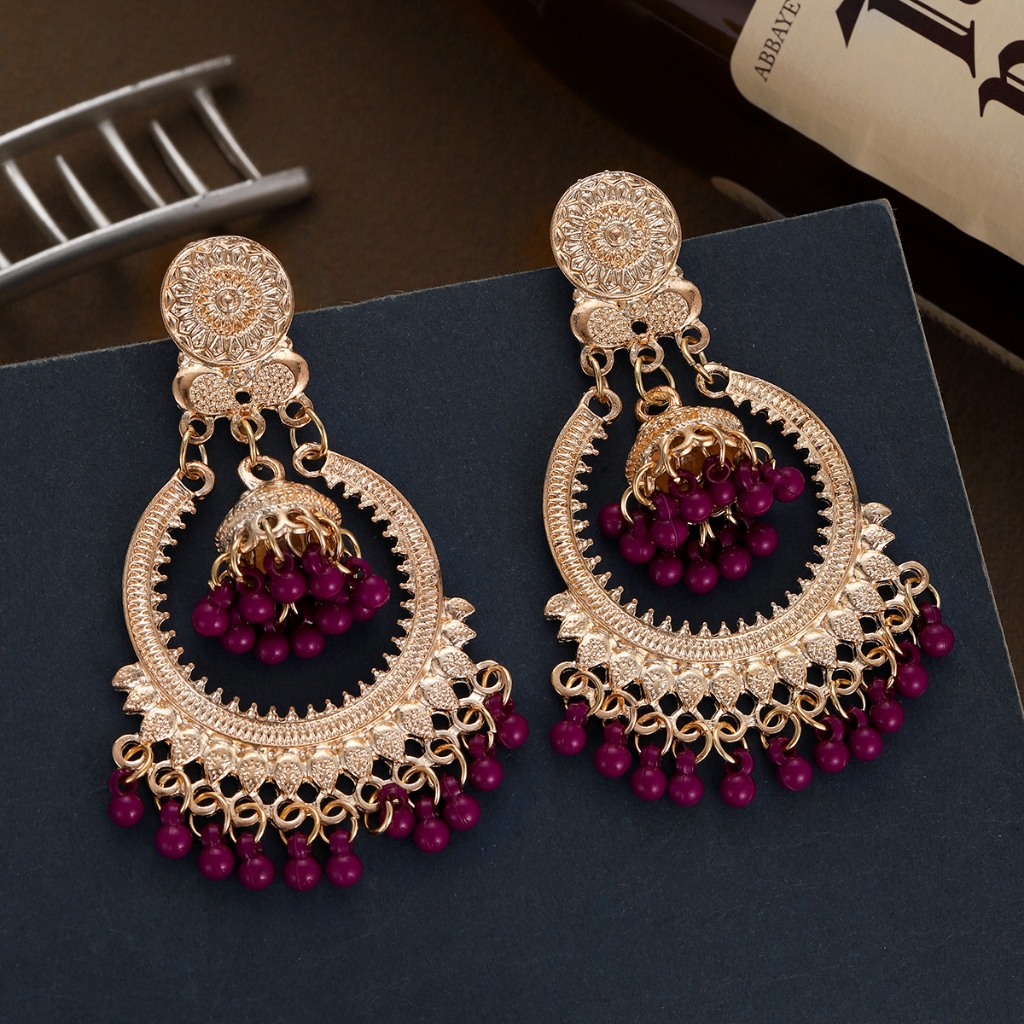 Boho Vintage Purple Beads Round Dangle Earrings for Women Fashion Gold Color Alloy Bells Tassel Earrings Jhumka Wedding Jewelry