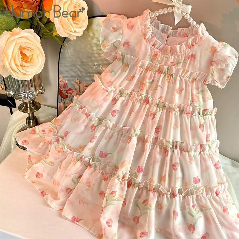 Humor Bear Girls' Dress Fairy Lace Tulip Print Flying Sleeve Party Show Princess Cake Dress Fashion