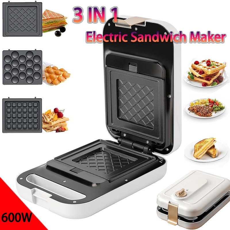 3 in 1 Multi-functional Timing Electric Sandwich Maker with Non-Stick Plates Indicator Lights and Lock Feature 600W Panini Press, Pizza Pockets, Waffle Breakfast Egg