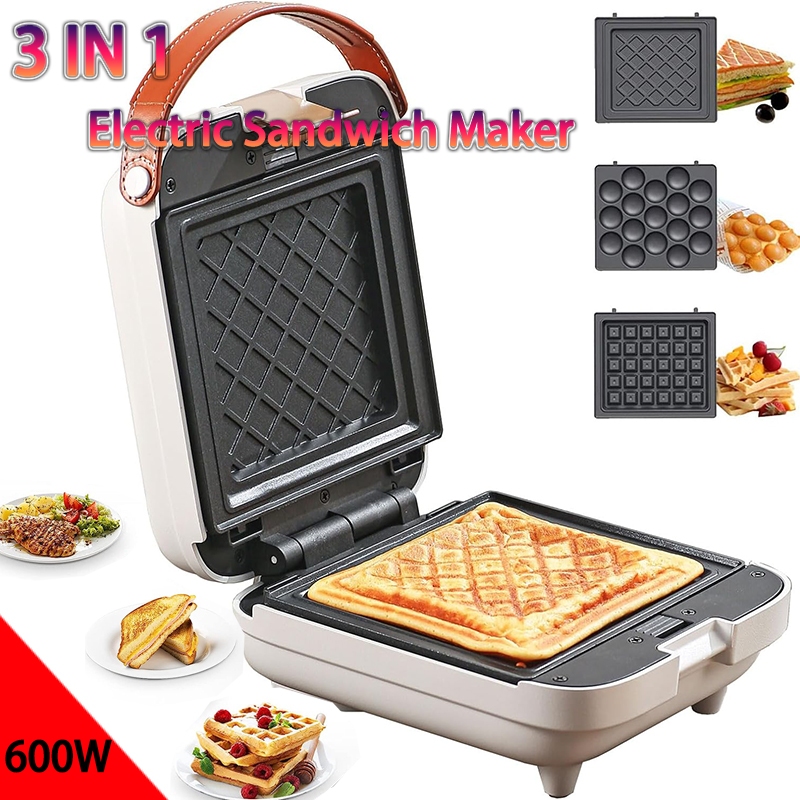 3 in 1 Breakfast Maker Electric Sandwich Maker Nonstick Panini Press Waffle Maker Bubble waffle Egg puffs Grill with Non-stick Coating & Removale Plates