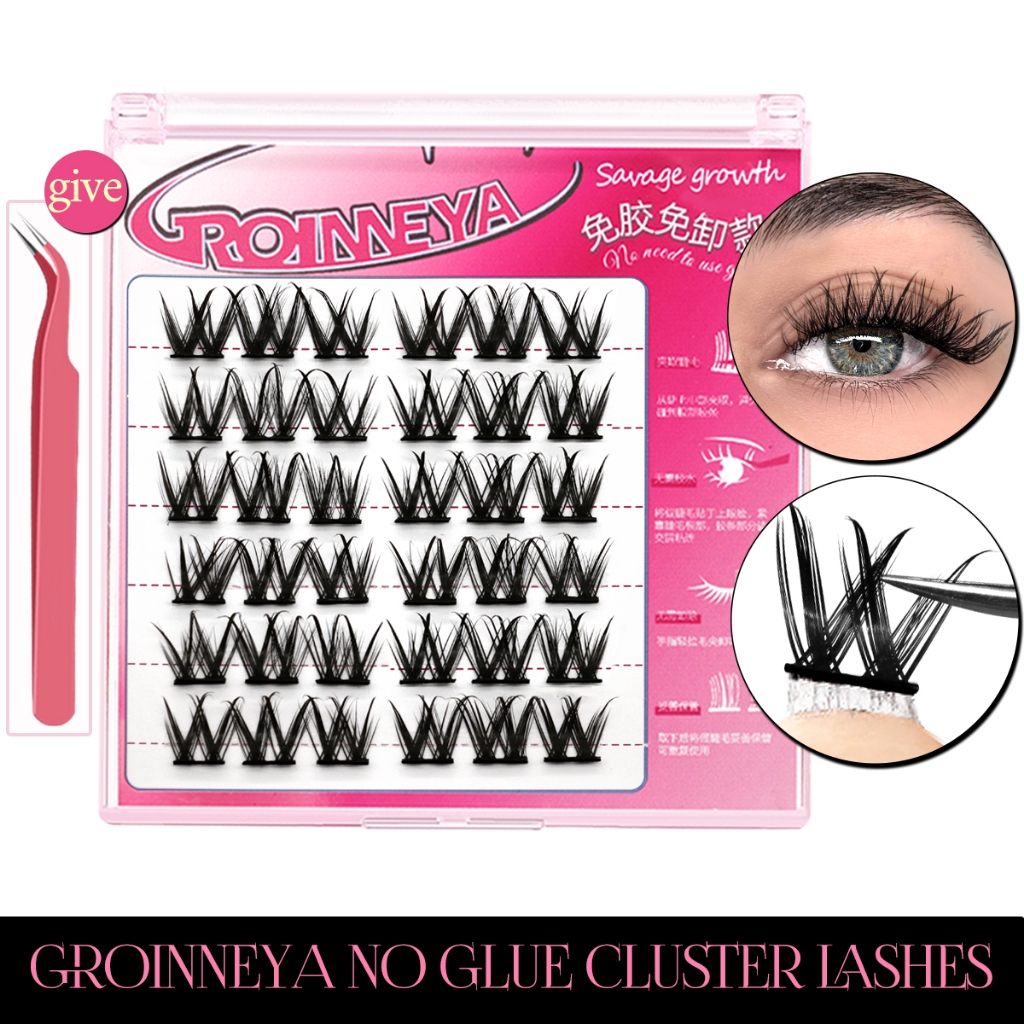 GROINNEYA Cluster Lashes Self Adhesive No Glue Individual Lashes Mixed Tray Natural Look Volume Lash Cluster Eyelashes Extension