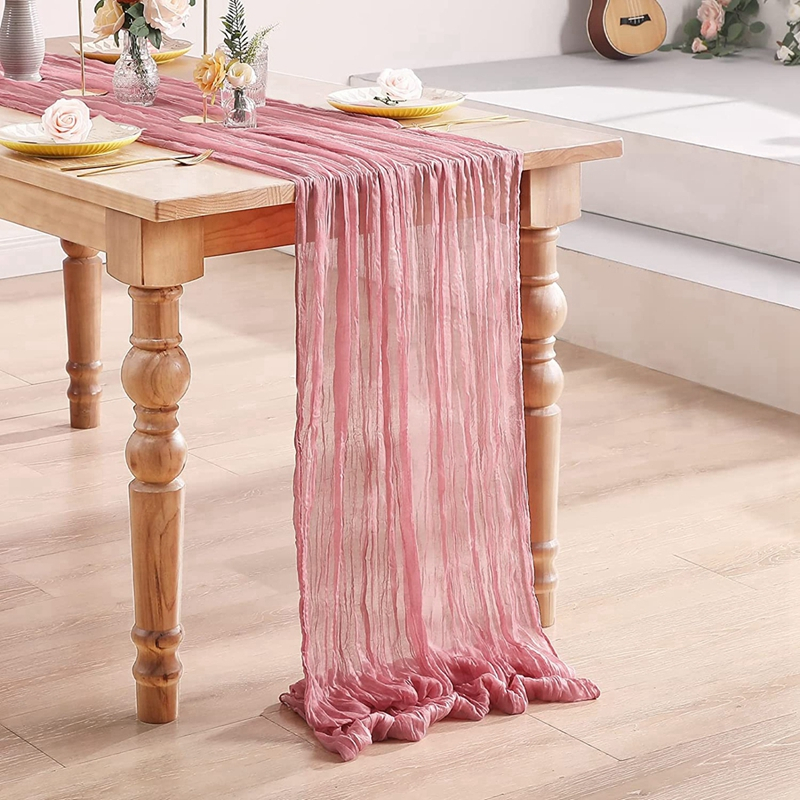 【Local】90*180cm Pink Semi-Sheer Gauze Beige Table Runner Sage Cheesecloth Table Setting Dining Vintage Wedding Decoration Valentine Graduation Party Decor