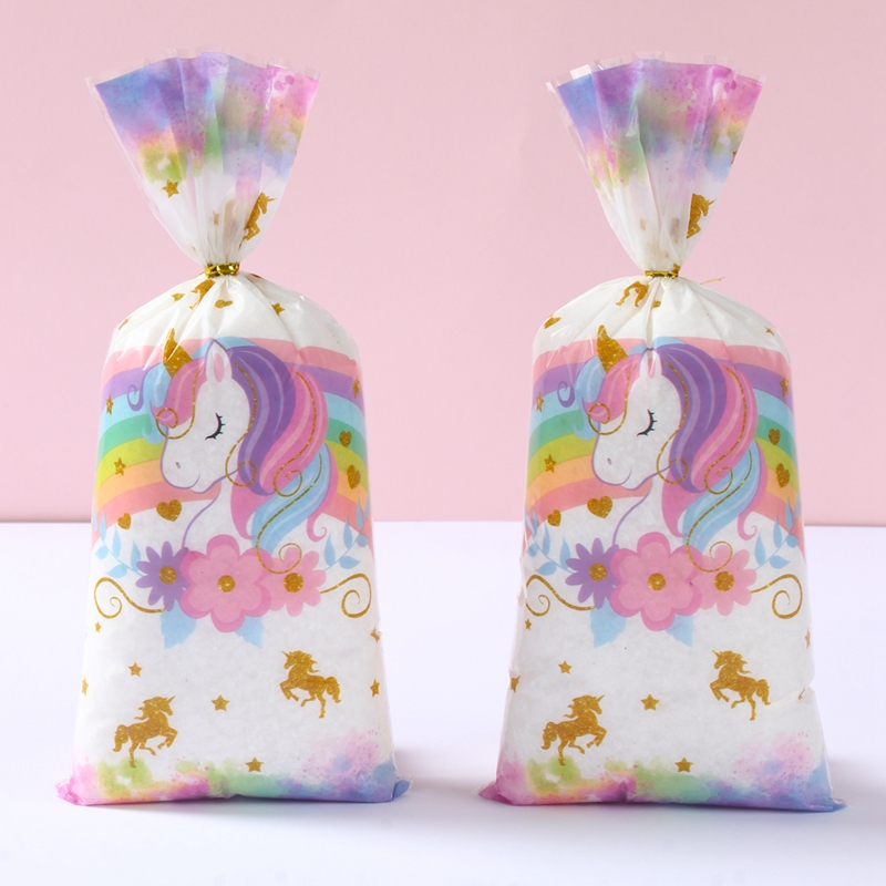 25/50pcs Unicorn Loot Bags Cute Unicorn Theme Goodie Bags with Golden Twist Ties Plastic Packaging Loot Bags for Birthday