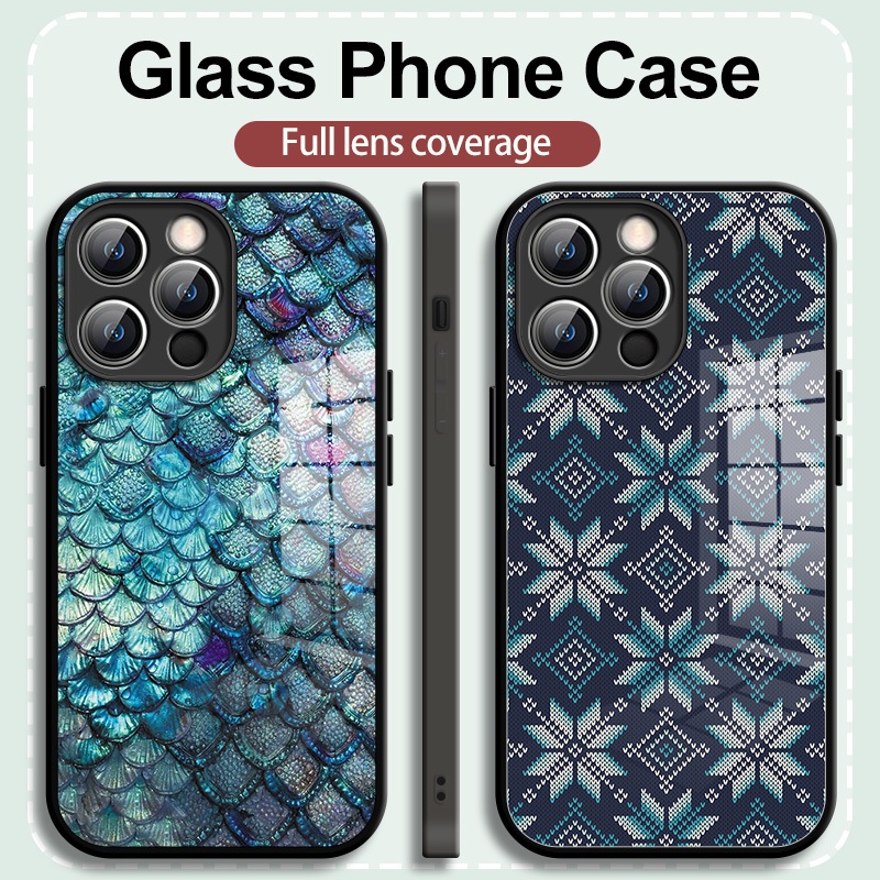 Original New Product Best-Selling Men's Women's Glass Phone Case, Casino Style Unique Blue Scale Pattern, Suitable for Iphone 15 Pro Max Street Wear New Style Iphone11 Phone Case 11 12 mini 14 13 7Plus 6 7 XS XR Ultra-Thin All-Inclusive Shock-resistant, I