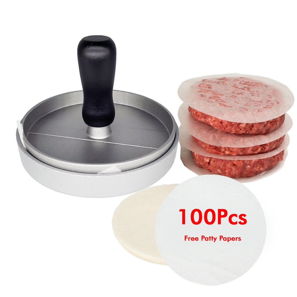 12cm Hamburger Press With 100 Pcs Patty Papers Aluminum Alloy Hamburger Meat Beef Grill Burger Press Kitchen Food Mold