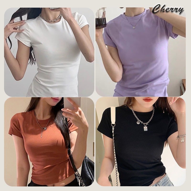 【READY STOCK】 CherryShop⭐Crop Tops Round Neck Short Sleeve Basic Top Simple Inner Wear