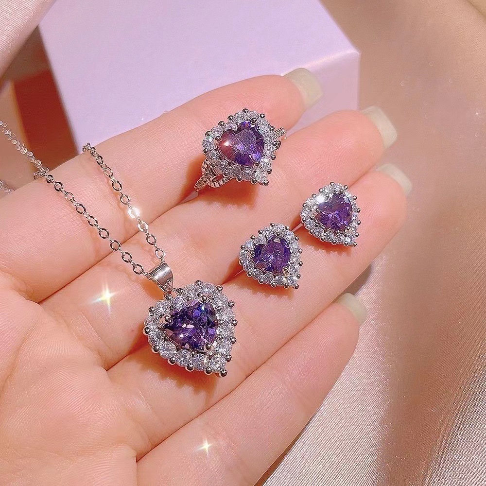 3pcs/set jewelry set Purple zircon jewelry set Love rhinestone pendant necklace earrings ring simple jewelry set for women Fashion jewelry accessories