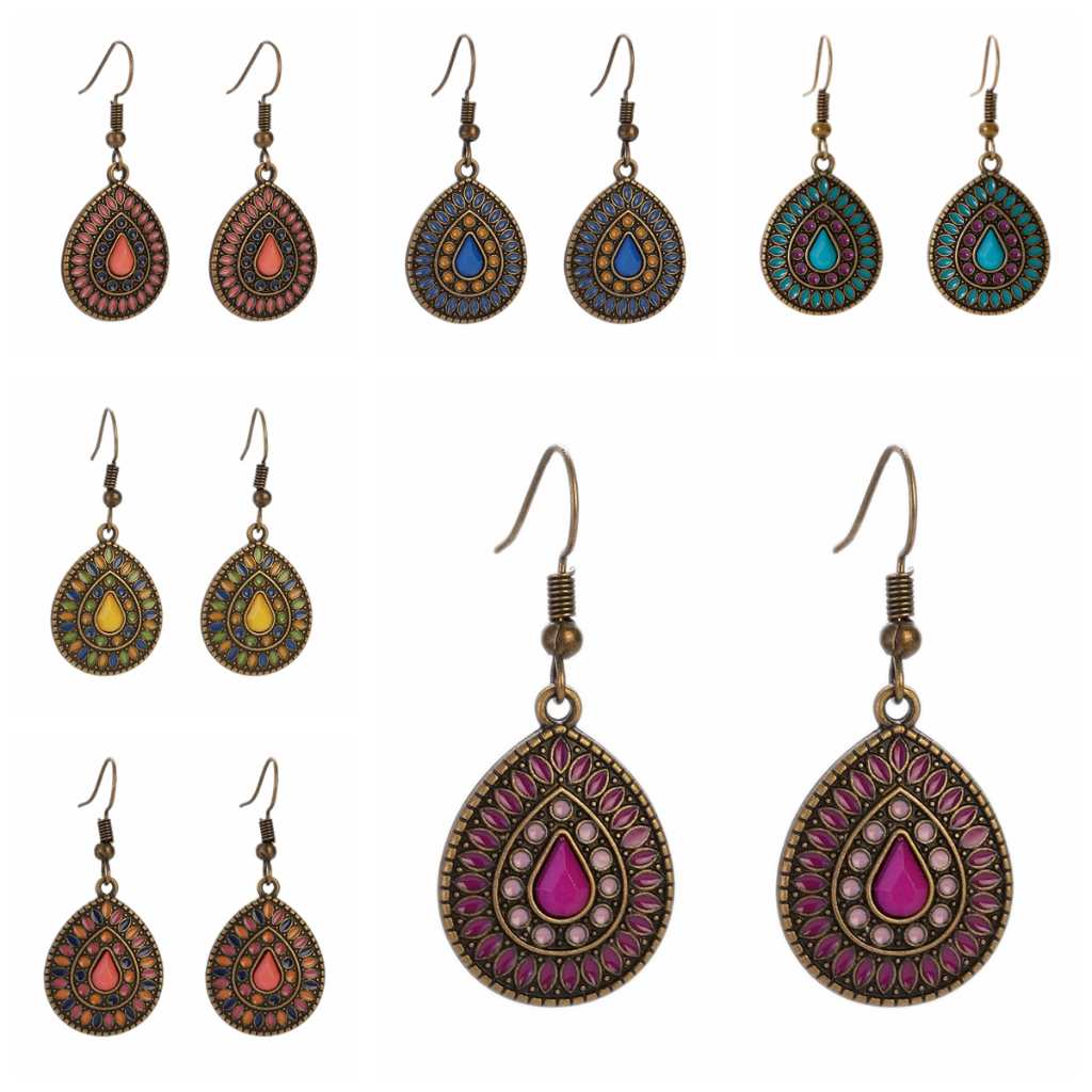 Vintage Turquoises Inlaid Water Drop Earrings Women's Colorful Flower Enamel Bohemian Earrings Female Daily Wear 2024 Jewelry