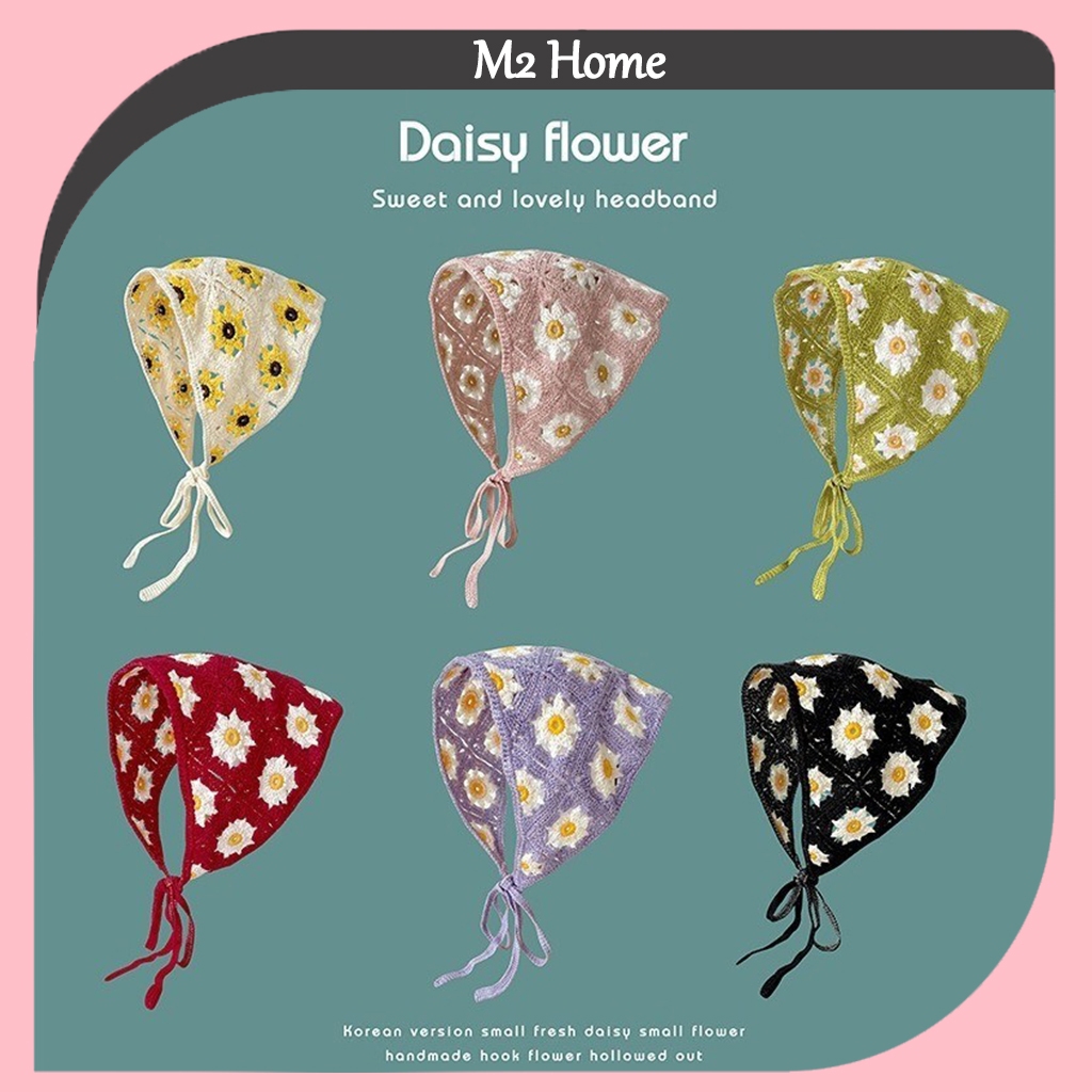 *READY STOCK AT MALAYSIA*French New Pastoral Style Knitted Headscarf Summer Sun Protection Thin Breathable Triangle Headscarf Flower Strap Wrap Headband Tudung Berkait针织头巾