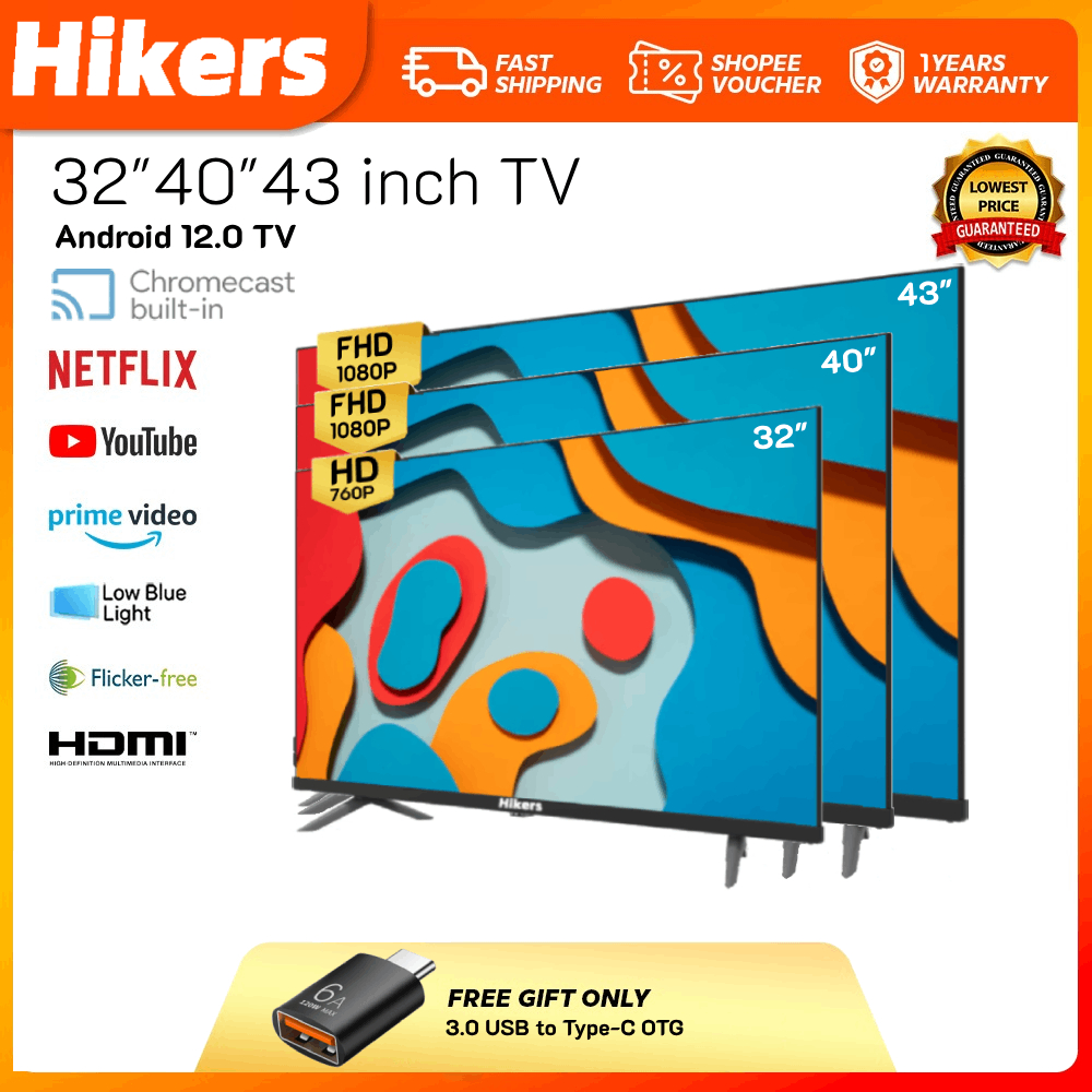 Hikers 32/40/43 Inch Smart TV Digital TV  LED TV 1080P FHD LED TV 75HZ MYTV/YouTube/Netflix/Google Store