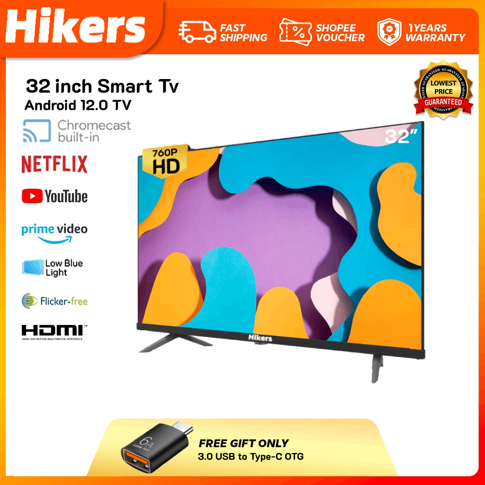 Hikers 32 inch Smart TV Android TV  LED TV 768P Television With MYTV/DVB-T2/WiFi/YouTube/Netflix/Hdmi