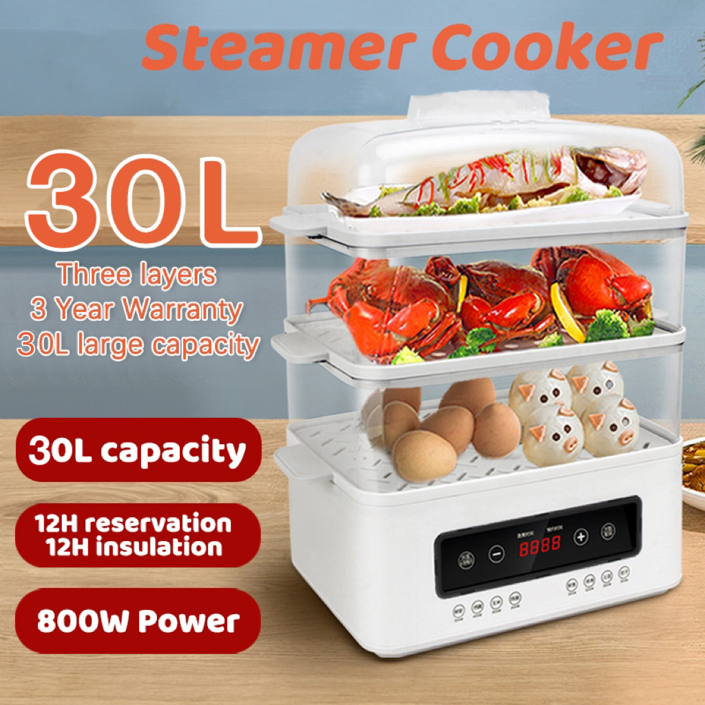 [READY STOCK] Electric Steamer 30L Steamer Household Large Capacity Three-Layer Automatic Keep Warm Reservation Timing Steamer Multi-function Steam Box